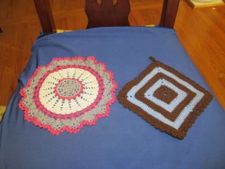 2 Vintage Crocheted Potholders One Is Gray And Mauve,  One Is Blue And Brown