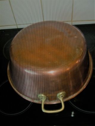 VINTAGE FRENCH COPPER PRESERVING JAM PAN MIXING BOWL BRASS HANDLES ROLLED EDGE 7
