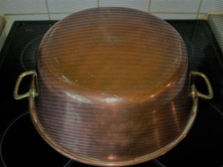 VINTAGE FRENCH COPPER PRESERVING JAM PAN MIXING BOWL BRASS HANDLES ROLLED EDGE 8