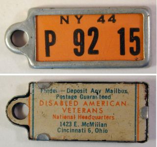 Vintage 1944 York Dav Miniature License Plate Tag