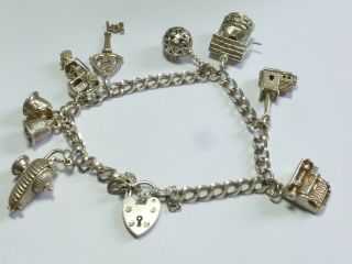 Vintage Sterling Silver Charm Bracelet With Heart And 8 Charms 36g 20cm Cb10