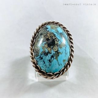Large Vintage Navajo Sterling Silver Morenci Turquoise Ring Signed 7 Nc