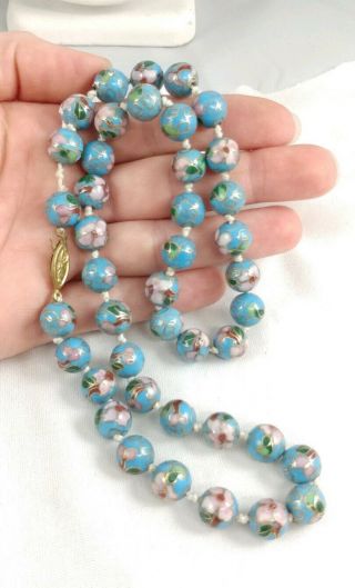 Vintage Hand Knotted Blue Floral Cloisonne 9 - 10mm Bead 21.  5 " Strand Necklace
