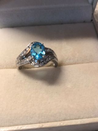 Vintage Oval Blue Topaz Cubic Zirconia Sterling Silver Ring Size 6.  5
