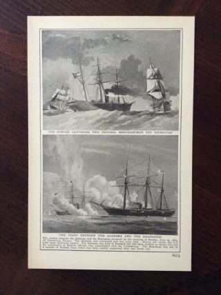 1915 Vintage Book Illustration Fight Between The Alabama And The Kearsarge Ship