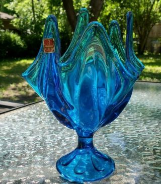 Viking Art Glass Epic Blue Six 6 Petal Footed Vase Bluenique Vintage 8 " Mcm