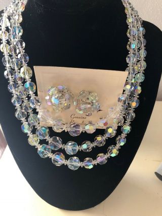 Gorgeous Vintage Aurora Borealis Crystal 3 Strand Necklace/earrings Set
