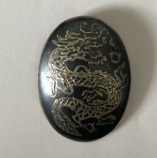 Vintage Siam 925 Silver Brooch Thai Niello Ware Pin Brooch Dragon Horoscope