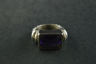 Vintage Sterling Silver Etched Purple Square Stone Dome Ring - 19g