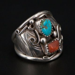 Vtg Sterling Silver - Navajo Turquoise Coral Feather Men 
