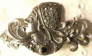 Vintage Art Deco Sterling Silver Onyx Marcasite Figural Woman’s Head Brooch
