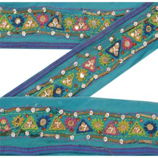 Sanskriti Vintage Sari Border Indian Craft Blue Trim Hand Beaded Sewing Lace