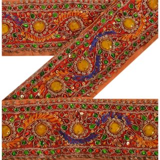 Sanskriti Vintage Sari Border Indian Craft Red Trim Hand Beaded Sewing Lace