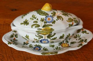 VINTAGE CANTAGALLI FAIENCE ITALY COVERED LID SAUCE GRAVY BOAT W/UNDERPLATE & LID 7