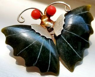 Vintage Carved Nephrite Jade & Natural Coral Butterfly Brooch/pendant,  Sterling