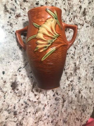 Vintage Brown Roseville Pottery Freesia Orange Vase 117 - 6 " Great