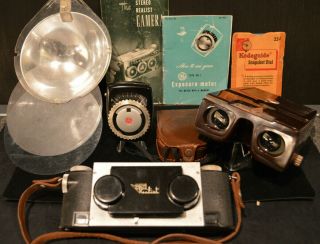 Realist Stereo Camera Set Kodak 3d Viewer Ge Type Pr - 1 Light Meter Flash Manuals