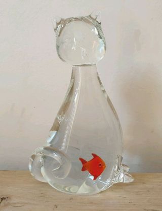 Vintage Art Glass Cat Figure Gold Fish In Belly Italy 1970 