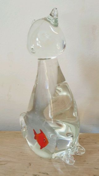 Vintage Art Glass Cat Figure Gold Fish in Belly Italy 1970 ' s Quirky Display 3