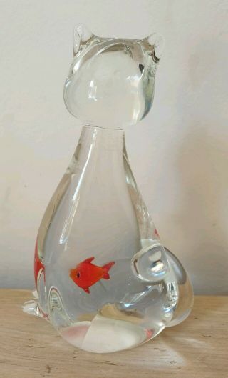 Vintage Art Glass Cat Figure Gold Fish in Belly Italy 1970 ' s Quirky Display 4