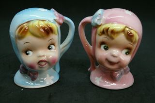 Vintage Large Porcelain Doll Face Salt And Pepper Shakers Collectible