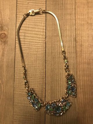 Vintage BARCLAY Blue Green Rhinestone Silvertone Necklace - 15 