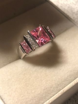 Vintage Emerald Cut Pink Cubic Zirconia Sterling Silver Ring Size 8