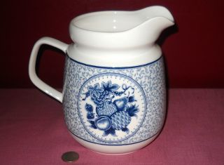 Vintage Japan Blue White Ceramic Pottery Pitcher Fruit Design ^