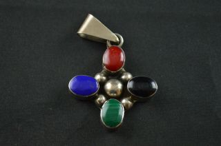Vintage Sterling Silver Red Blue Green & Onyx Stone Pendant - 11g