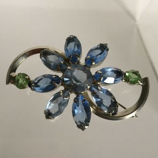 Vintage Brooch Pin Juliana D&e Silver Tone Green Blue Flower Rhinestone Jewelry