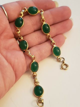 Vintage Gold Tone Emerald Jade Bezel Cabochon Bracelet Open Back Book Chain Styl