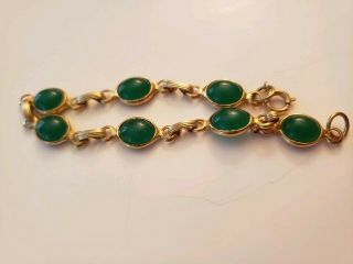 Vintage Gold Tone Emerald Jade Bezel Cabochon Bracelet Open Back Book Chain Styl 2