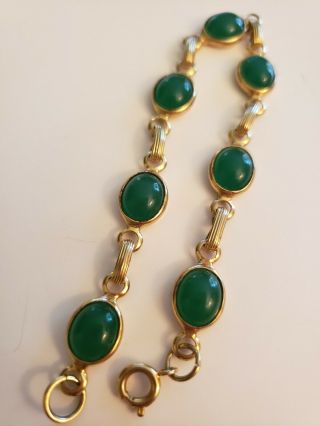 Vintage Gold Tone Emerald Jade Bezel Cabochon Bracelet Open Back Book Chain Styl 3