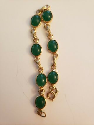 Vintage Gold Tone Emerald Jade Bezel Cabochon Bracelet Open Back Book Chain Styl 4