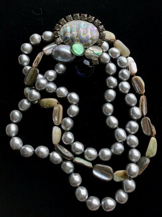 Vintage Heavy Quality Triple Strand Abalone Shell Statement Necklace 16 " M714