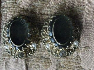 Vtg Signed West Germany Earrings Dark Smoked Oval Glass Faux Pearls Prong Set