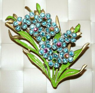Vintage Green Enamel Blue Rhinestone Flower Spray Brooch/pin H190