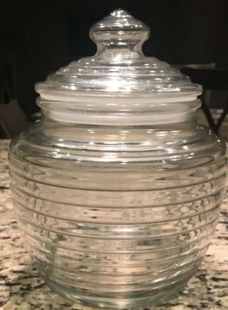 (1) 7” Vintage Clear Anchor Hocking Manhattan Depression Jar With Lid Ec