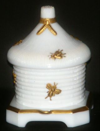 Vintage Imperial White & Gold Milk Glass Bee Hive Honey Pot Jar