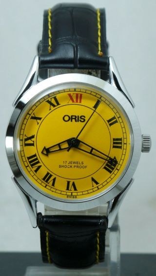 Vintage Oris Yellow Dial 17 Jewels Fhf St - 96 Hand Winding Luxury Watch Roman Fig