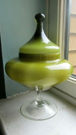Green Empoli Art Glass Jar Bon Bon Sweets Apothecary Italian Vintage Mid Century