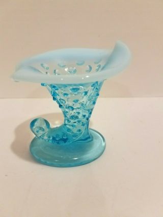 Vintage Fenton Aqua Blue Opalescent Hobnail Glass 4 " Cornucopia Vase