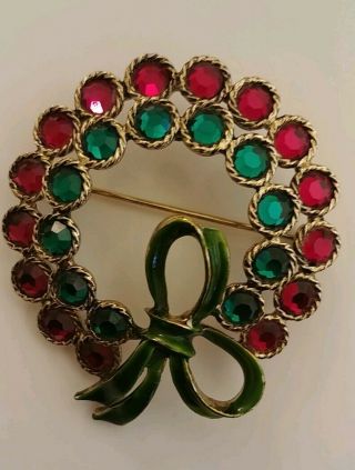 Vintage Weiss Christmas Wreath Brooch Pin Red Green Rhinestones Signed