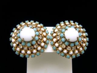 Vintage Signed Hobe Earrings White Turquoise Glass Beads Cabs Rhinestones Clips