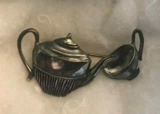 Vintage Sterling Silver 925 Teapot & Teacup Brooch / Pin - Meow Designer