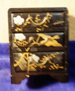 Vintage Wood Hand Painted Laquer 3 Drawer Jewelry Box Signed Japan 4 1/2 " Tall