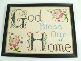 Vintage Handmade Cross Stitch Embroidery God Bless This Home Picture Art