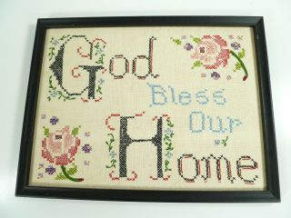 Vintage Handmade Cross Stitch Embroidery God Bless This Home Picture Art 2