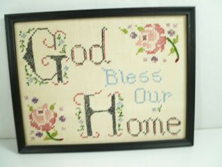 Vintage Handmade Cross Stitch Embroidery God Bless This Home Picture Art 5
