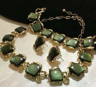 Vintage Thermoset Necklace Bracelet Earing Demi Set Moonglow Green Ornate Panels